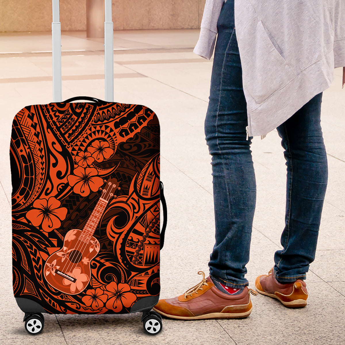 Hawaii Ukulele Luggage Cover Polynesian Pattern Orange Version - Wonder Print Shop