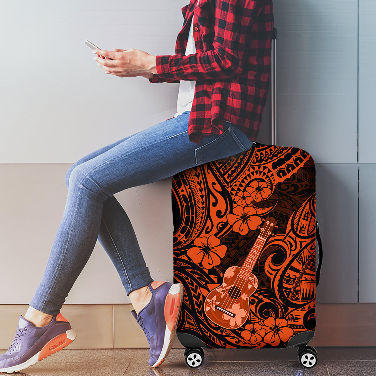 Hawaii Ukulele Luggage Cover Polynesian Pattern Orange Version - Wonder Print Shop