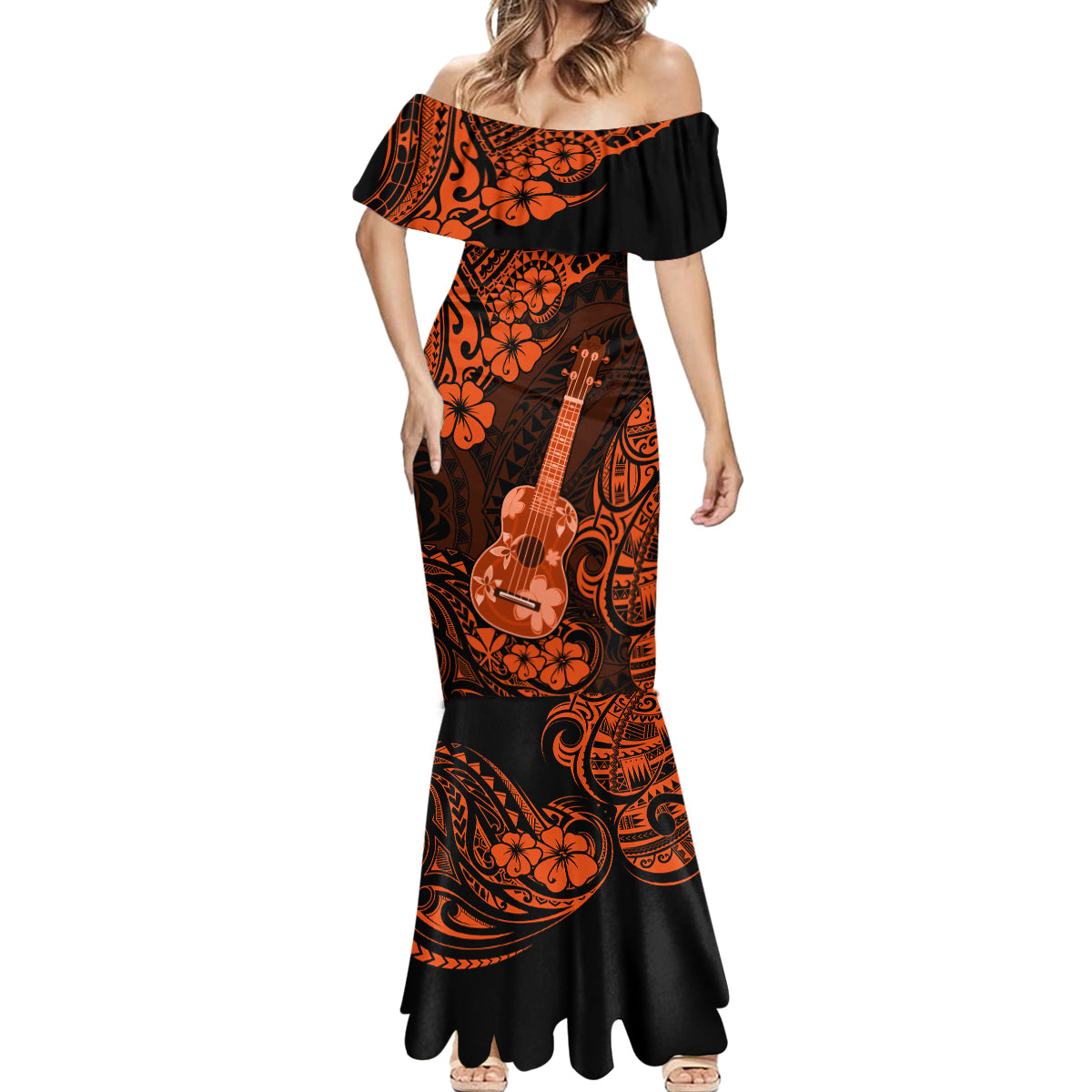 Hawaii Ukulele Mermaid Dress Polynesian Pattern Orange Version - Wonder Print Shop