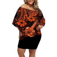 Hawaii Ukulele Off Shoulder Short Dress Polynesian Pattern Orange Version - Wonder Print Shop