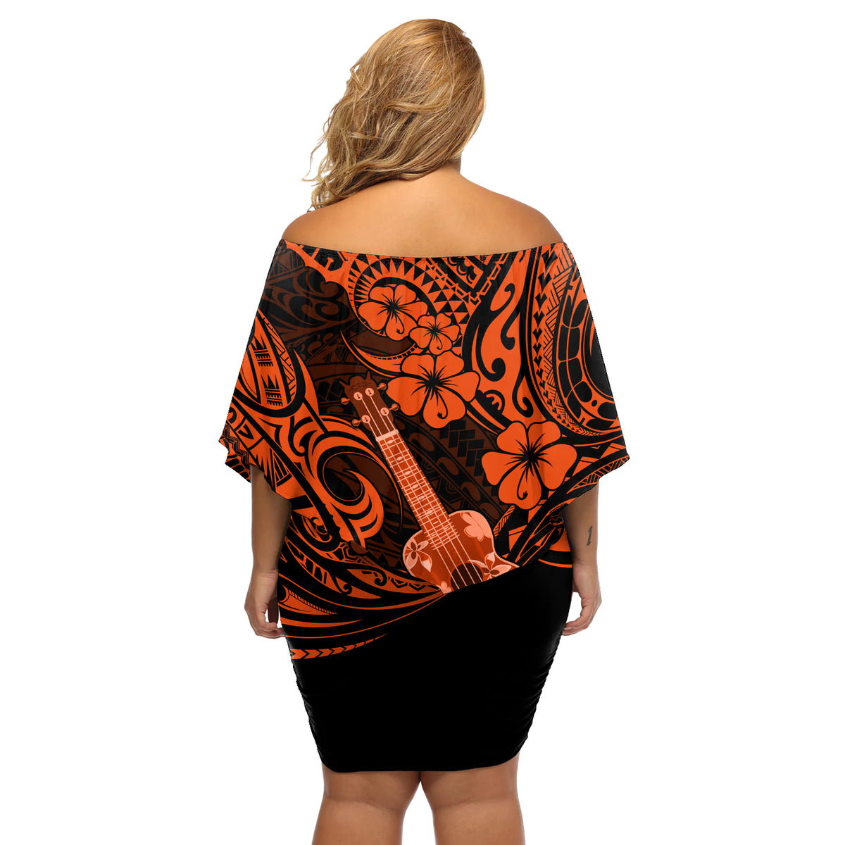 Hawaii Ukulele Off Shoulder Short Dress Polynesian Pattern Orange Version - Wonder Print Shop