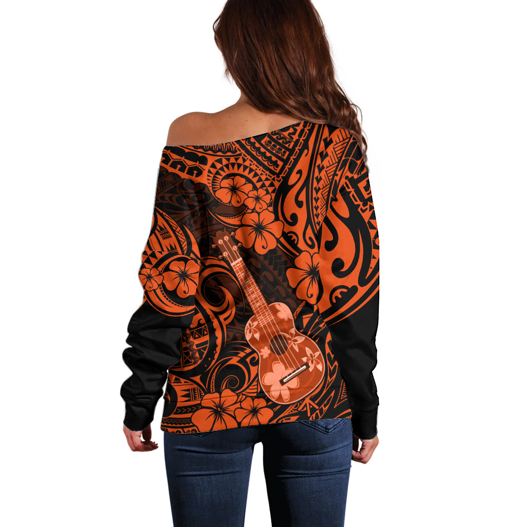 Hawaii Ukulele Off Shoulder Sweater Polynesian Pattern Orange Version - Wonder Print Shop