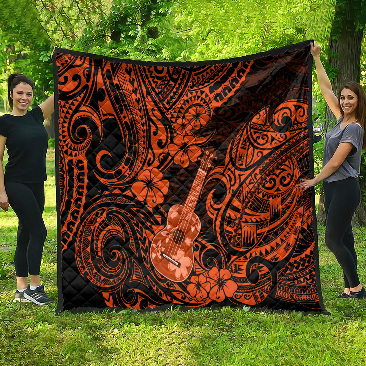 Hawaii Ukulele Quilt Polynesian Pattern Orange Version - Wonder Print Shop
