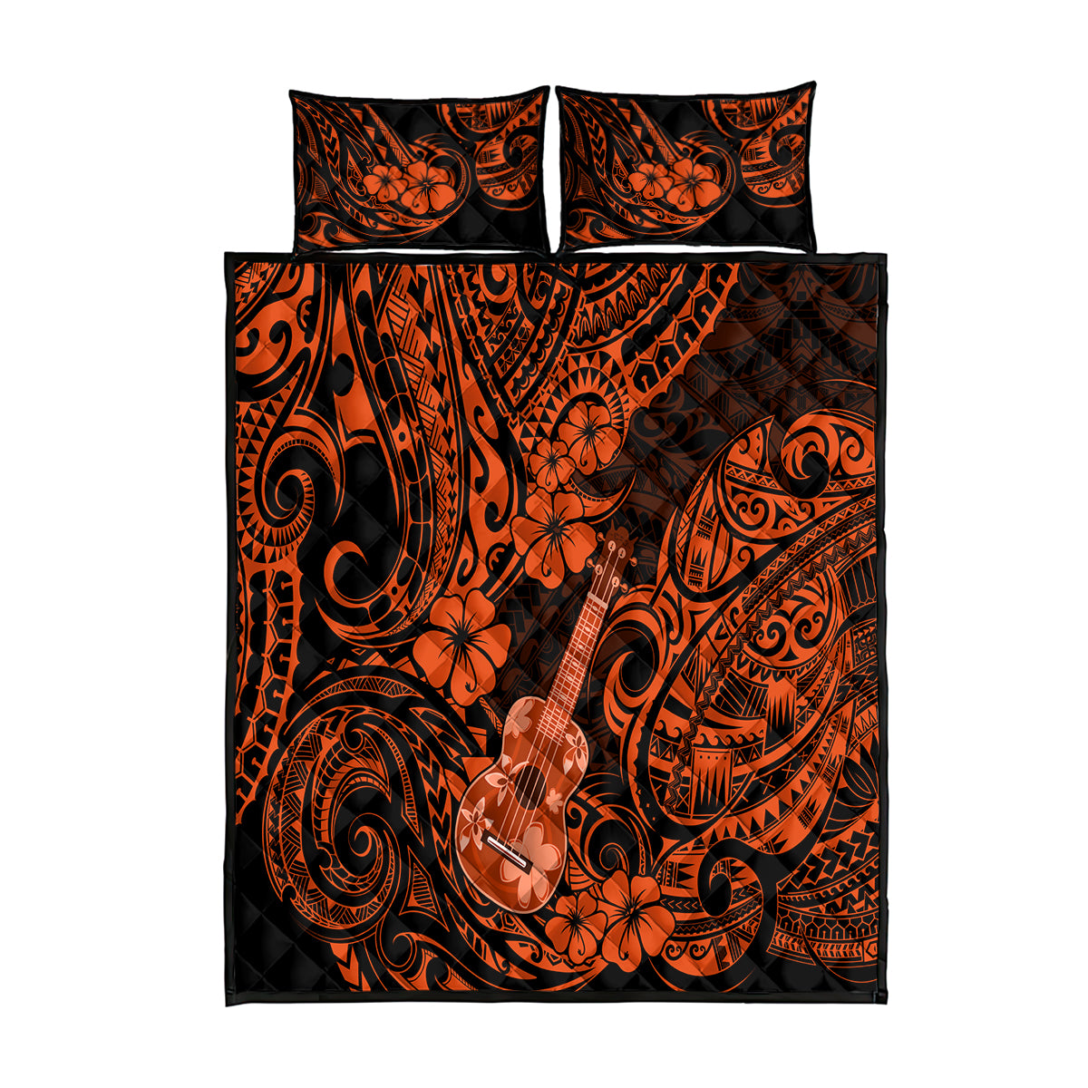Hawaii Ukulele Quilt Bed Set Polynesian Pattern Orange Version - Wonder Print Shop