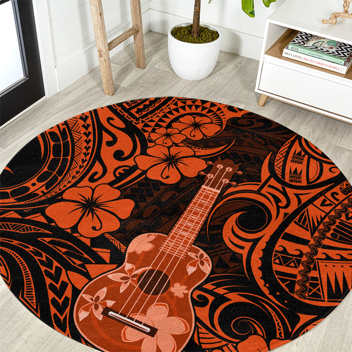 hawaii-ukulele-round-carpet-polynesian-pattern-orange-version