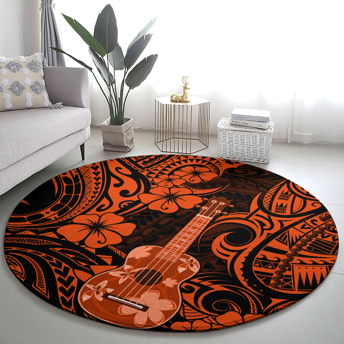 hawaii-ukulele-round-carpet-polynesian-pattern-orange-version