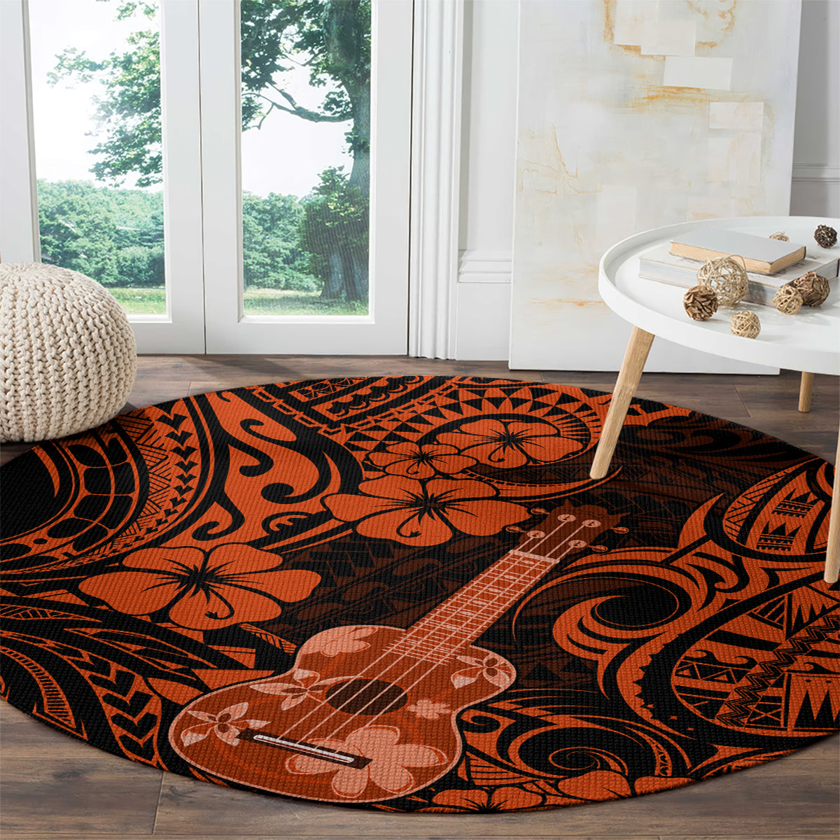 hawaii-ukulele-round-carpet-polynesian-pattern-orange-version