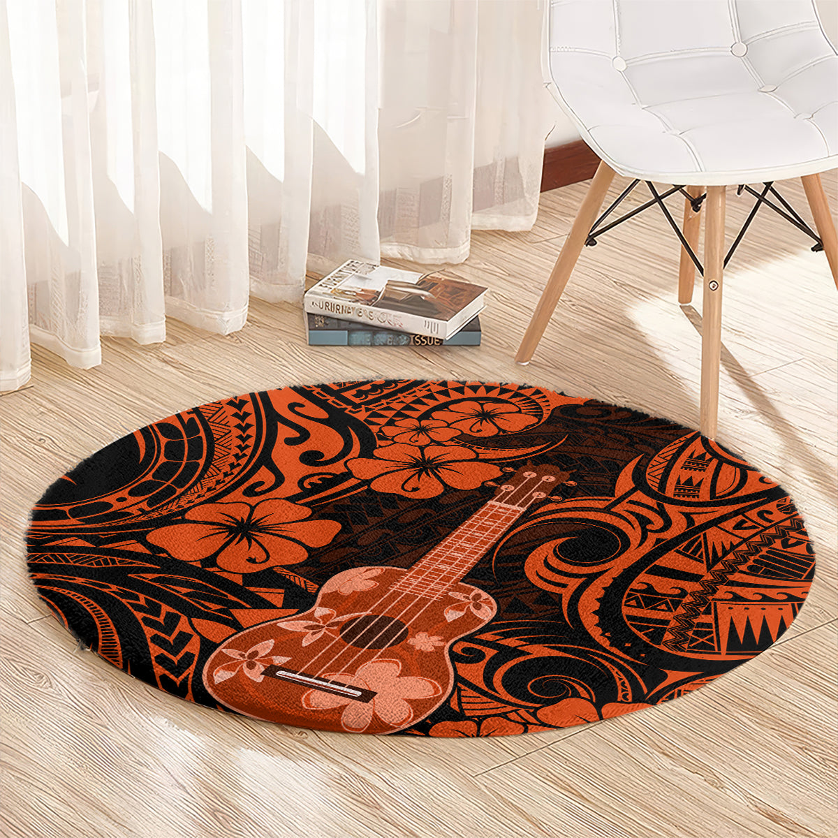 hawaii-ukulele-round-carpet-polynesian-pattern-orange-version