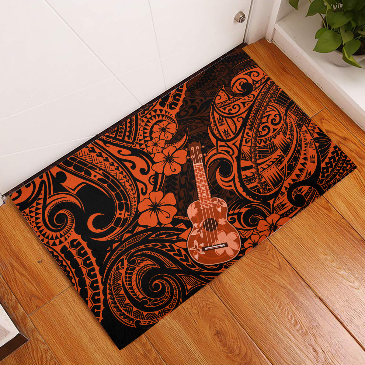 Hawaii Ukulele Rubber Doormat Polynesian Pattern Orange Version - Wonder Print Shop