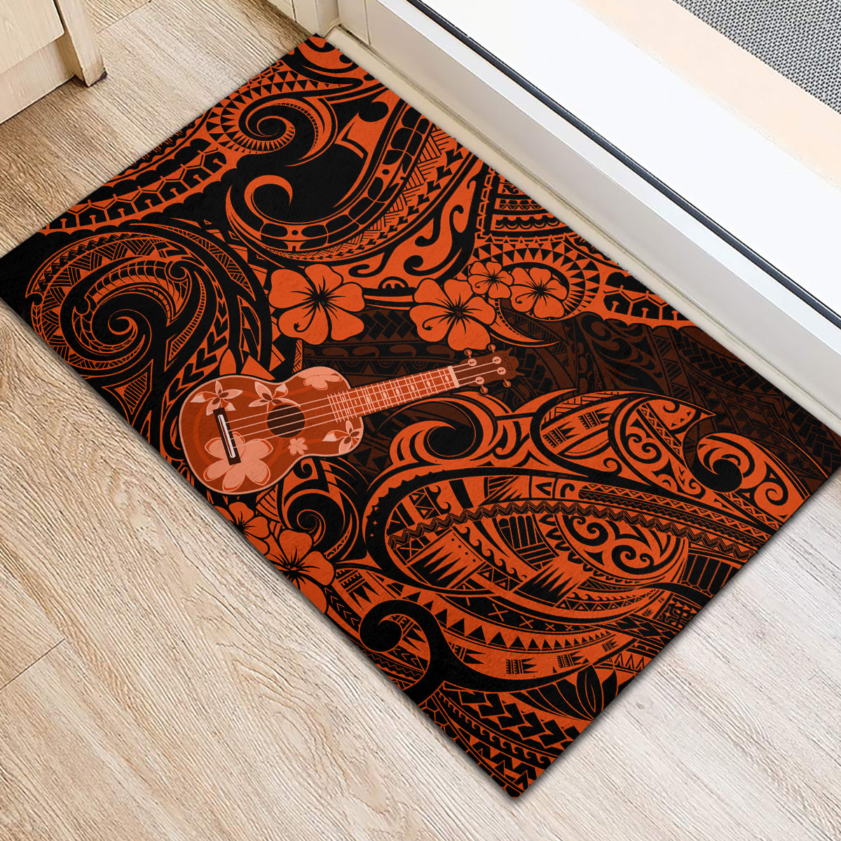 Hawaii Ukulele Rubber Doormat Polynesian Pattern Orange Version - Wonder Print Shop