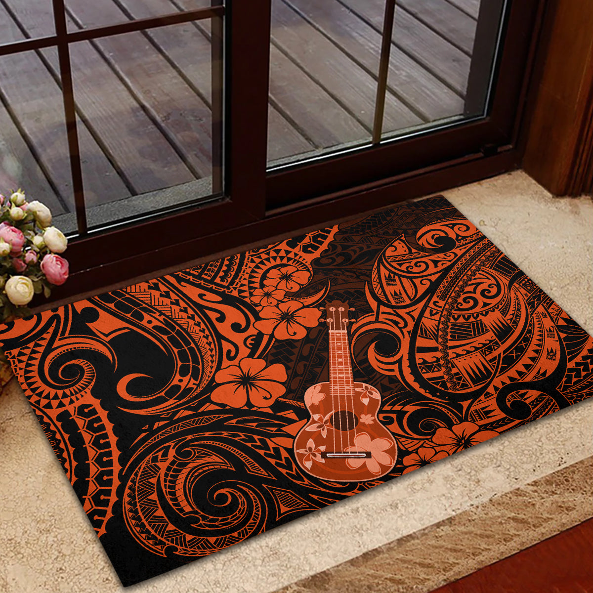 Hawaii Ukulele Rubber Doormat Polynesian Pattern Orange Version - Wonder Print Shop