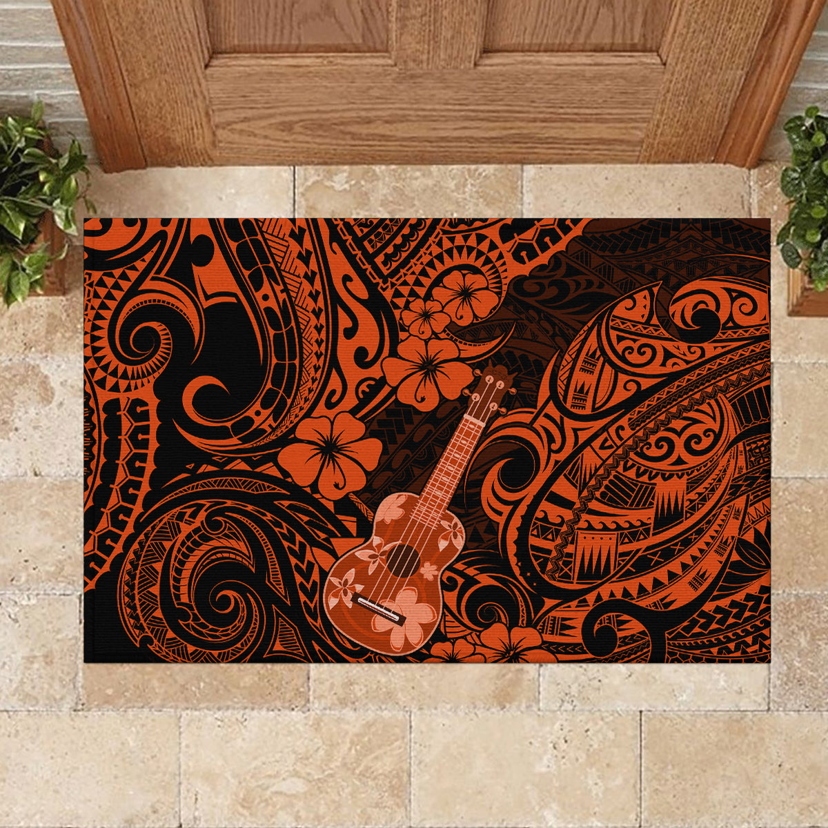 Hawaii Ukulele Rubber Doormat Polynesian Pattern Orange Version - Wonder Print Shop