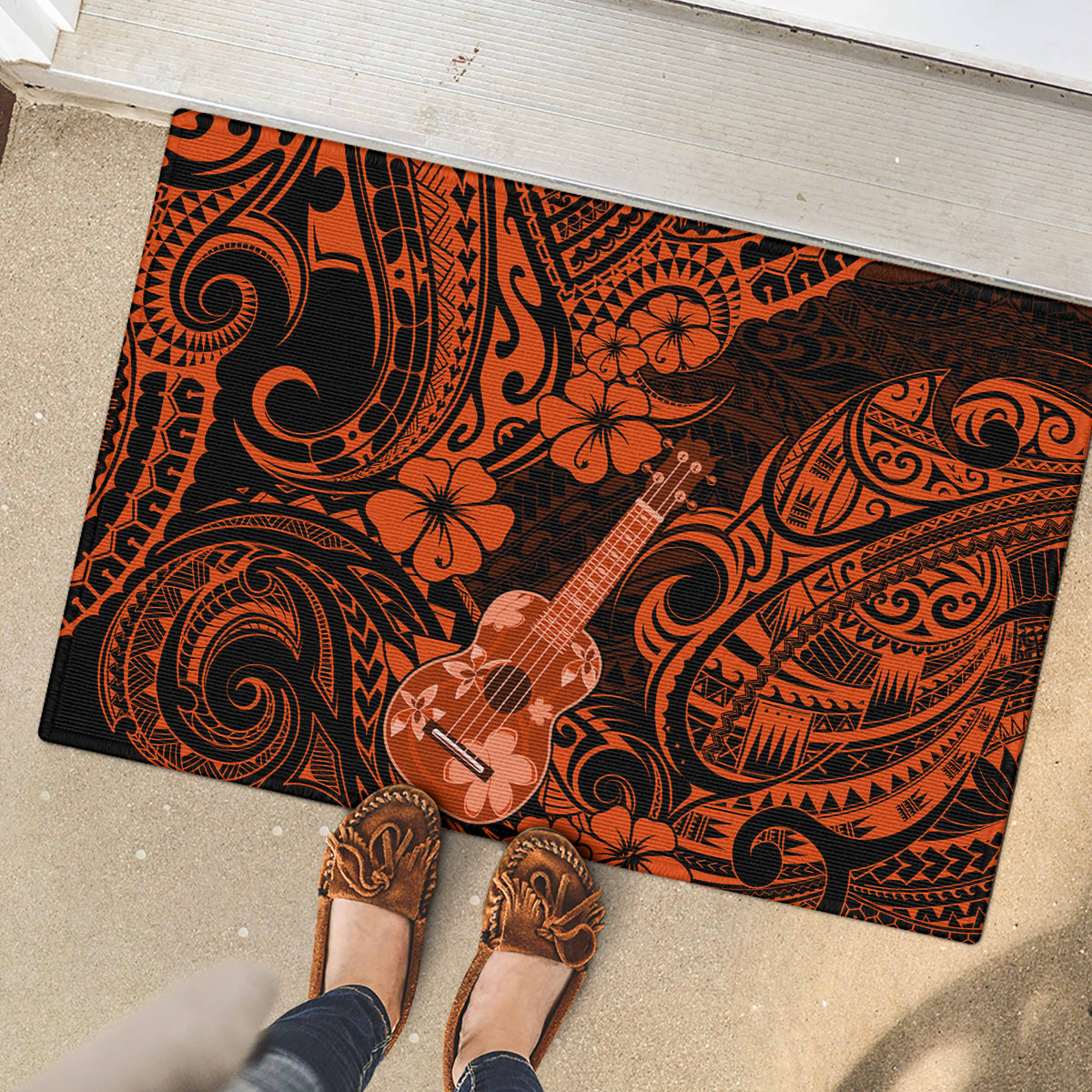 Hawaii Ukulele Rubber Doormat Polynesian Pattern Orange Version - Wonder Print Shop