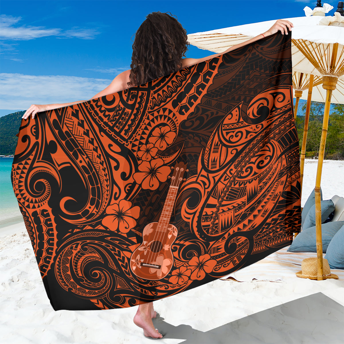 Hawaii Ukulele Sarong Polynesian Pattern Orange Version - Wonder Print Shop