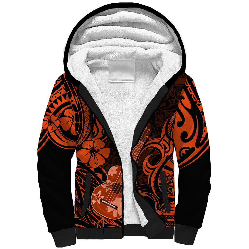 Hawaii Ukulele Sherpa Hoodie Polynesian Pattern Orange Version - Wonder Print Shop