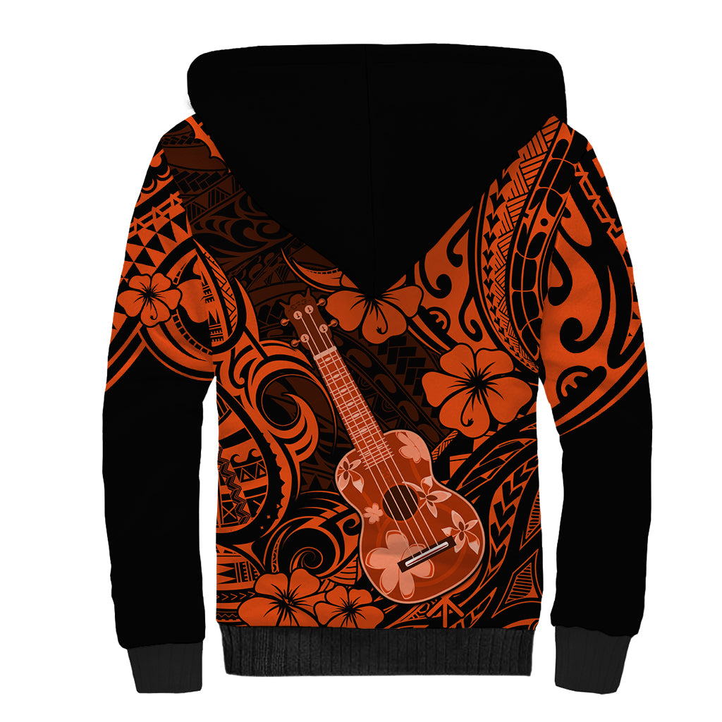 Hawaii Ukulele Sherpa Hoodie Polynesian Pattern Orange Version - Wonder Print Shop