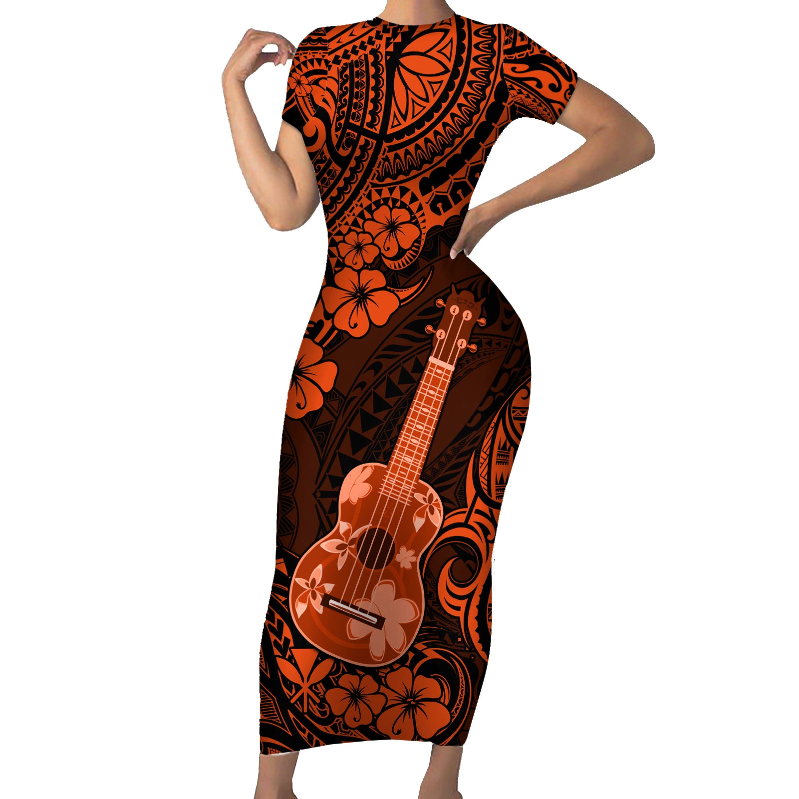 Hawaii Ukulele Short Sleeve Bodycon Dress Polynesian Pattern Orange Version - Wonder Print Shop