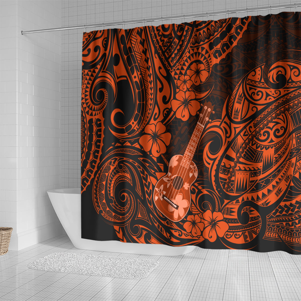 hawaii-ukulele-shower-curtain-polynesian-pattern-orange-version