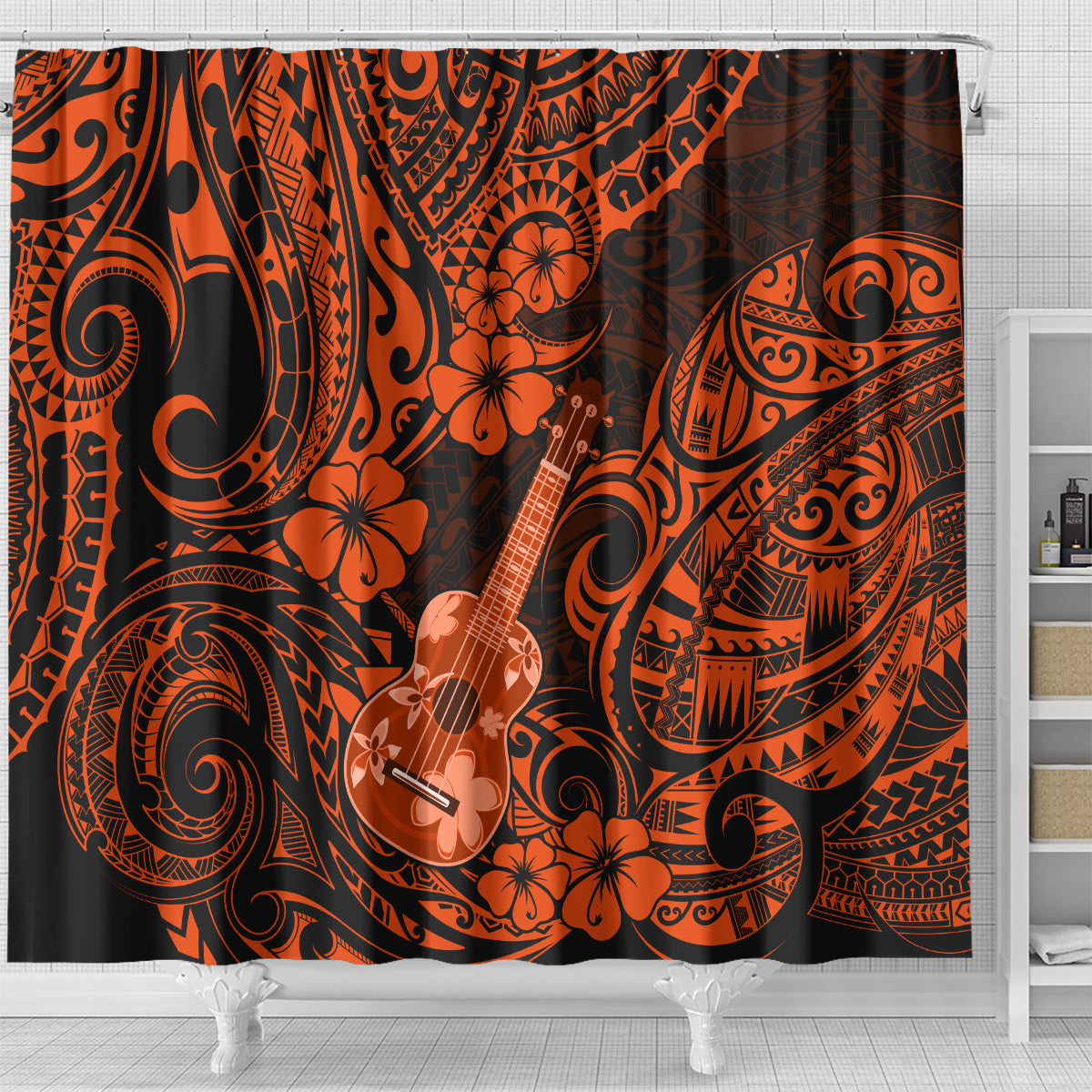 hawaii-ukulele-shower-curtain-polynesian-pattern-orange-version
