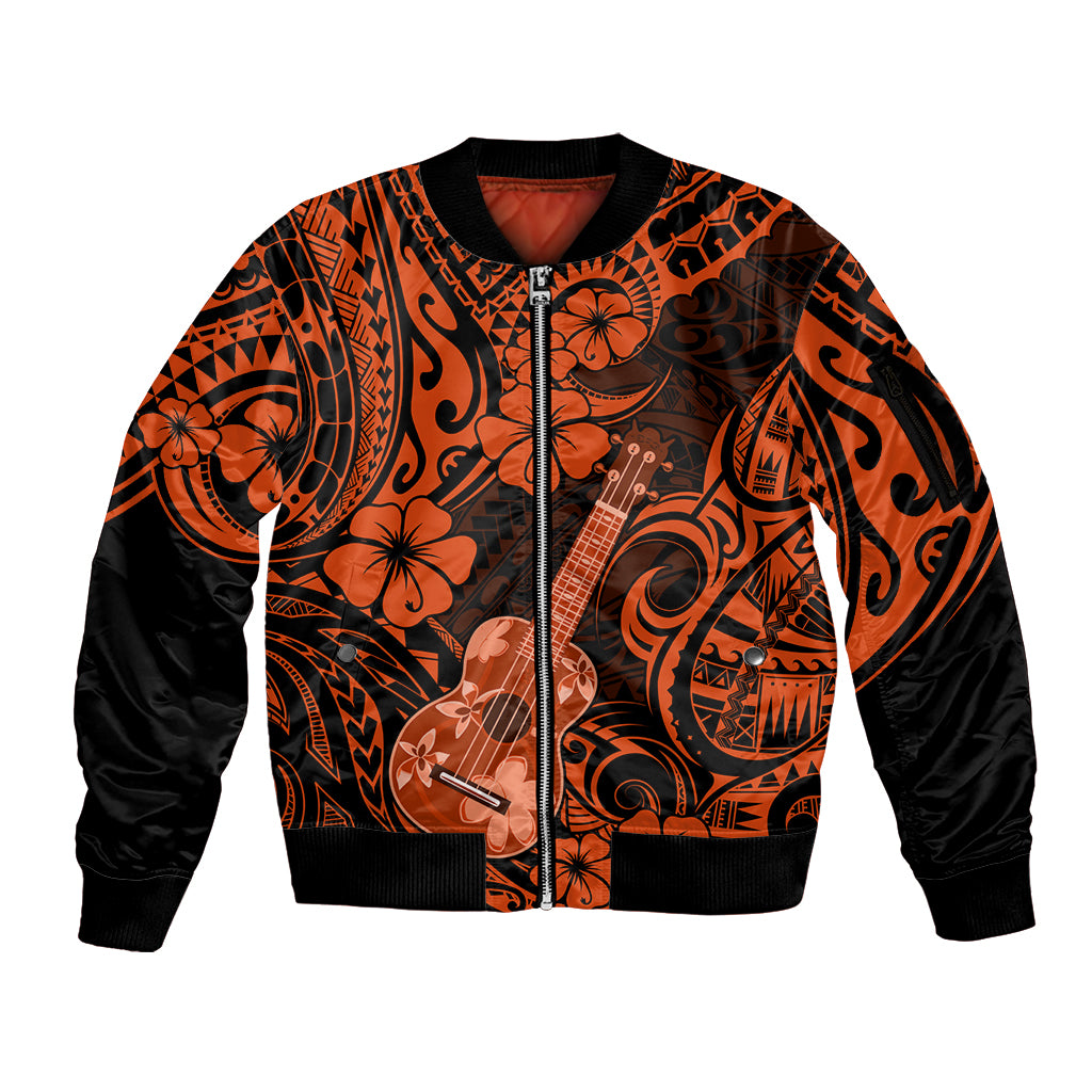 Hawaii Ukulele Sleeve Zip Bomber Jacket Polynesian Pattern Orange Version - Wonder Print Shop