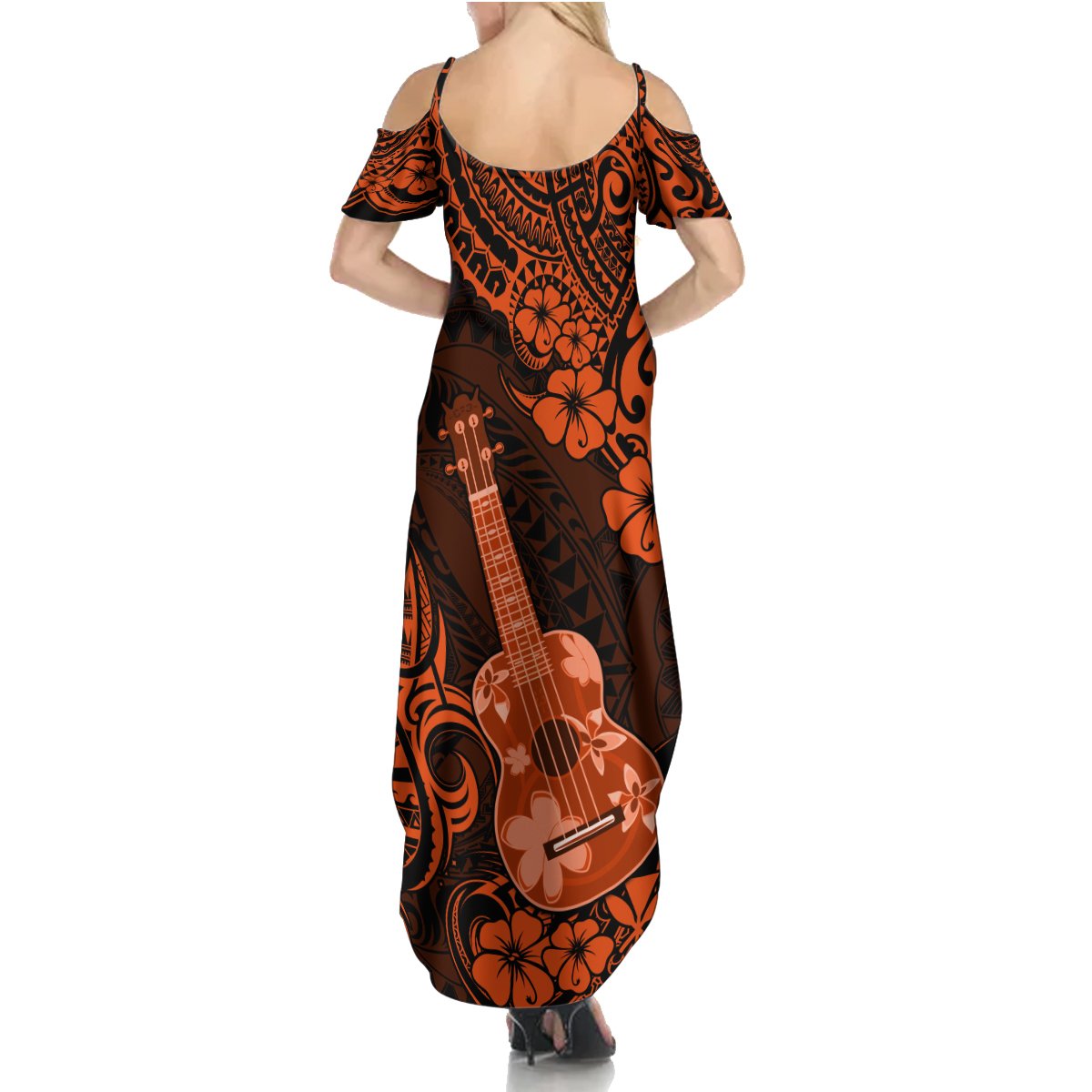 Hawaii Ukulele Summer Maxi Dress Polynesian Pattern Orange Version - Wonder Print Shop