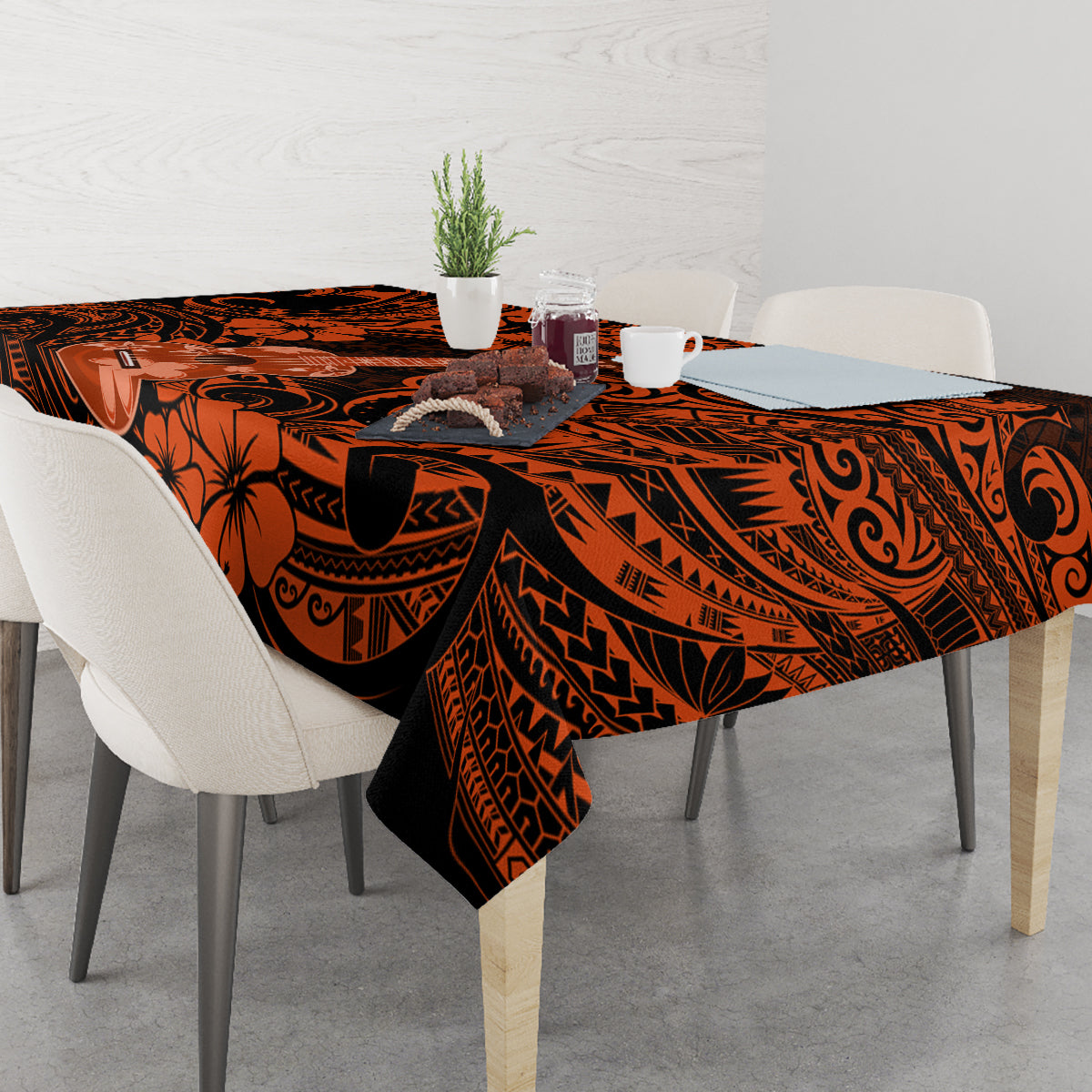 Hawaii Ukulele Tablecloth Polynesian Pattern Orange Version - Wonder Print Shop