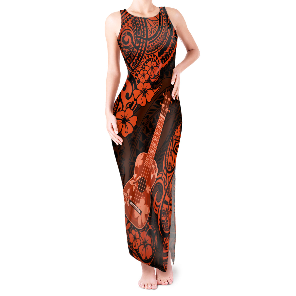 Hawaii Ukulele Tank Maxi Dress Polynesian Pattern Orange Version - Wonder Print Shop