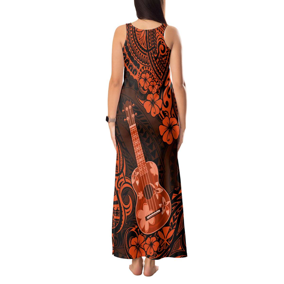 Hawaii Ukulele Tank Maxi Dress Polynesian Pattern Orange Version - Wonder Print Shop