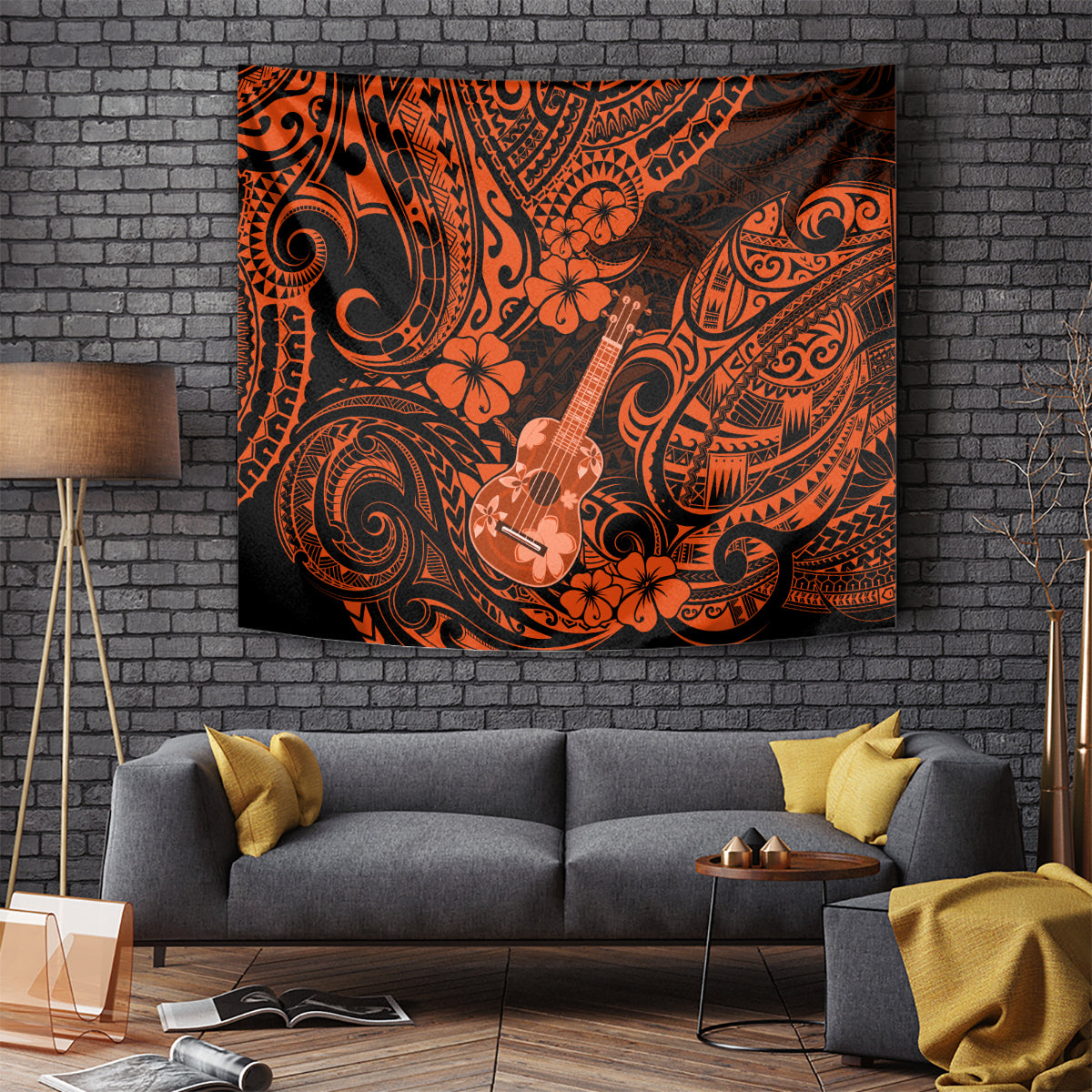 Hawaii Ukulele Tapestry Polynesian Pattern Orange Version - Wonder Print Shop