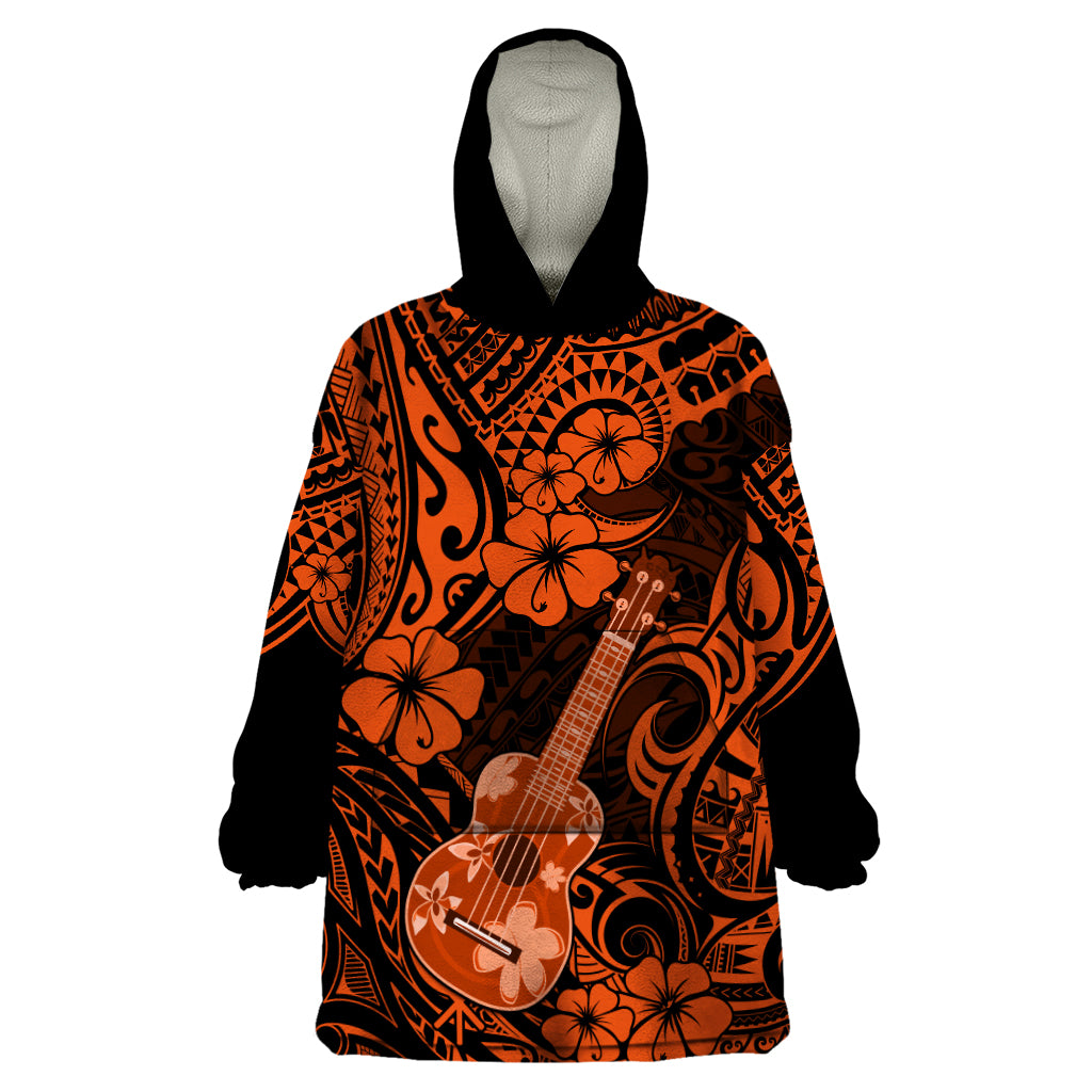 Hawaii Ukulele Wearable Blanket Hoodie Polynesian Pattern Orange Version - Wonder Print Shop