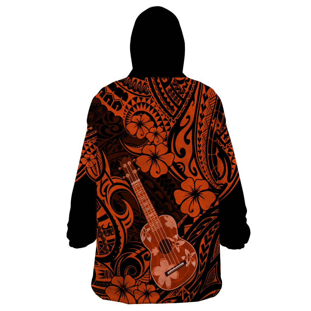 Hawaii Ukulele Wearable Blanket Hoodie Polynesian Pattern Orange Version - Wonder Print Shop