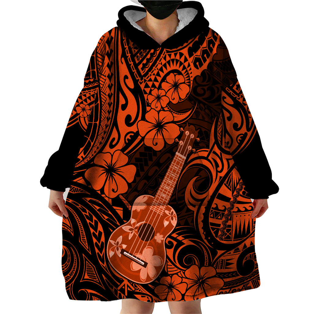 Hawaii Ukulele Wearable Blanket Hoodie Polynesian Pattern Orange Version - Wonder Print Shop
