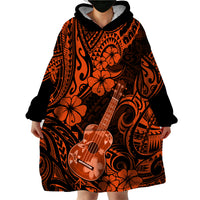 Hawaii Ukulele Wearable Blanket Hoodie Polynesian Pattern Orange Version - Wonder Print Shop