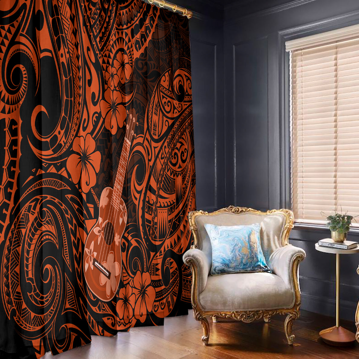 Hawaii Ukulele Window Curtain Polynesian Pattern Orange Version - Wonder Print Shop