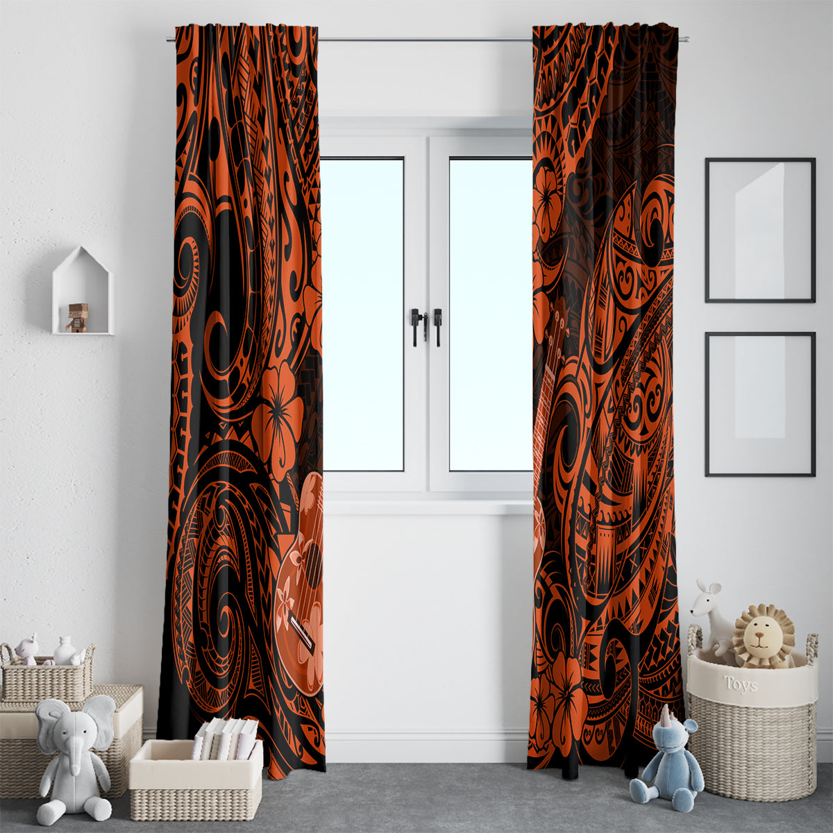 Hawaii Ukulele Window Curtain Polynesian Pattern Orange Version - Wonder Print Shop