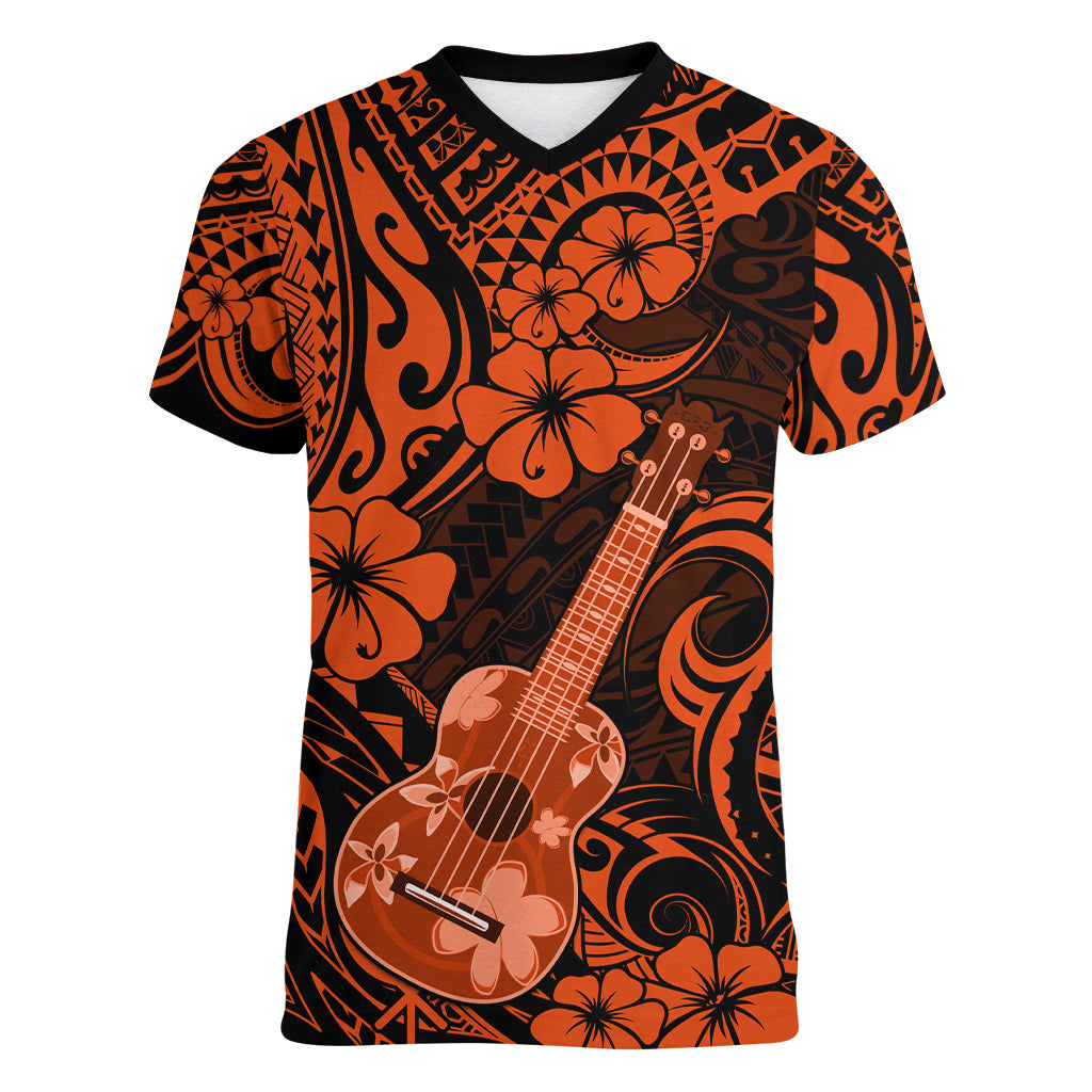 Hawaii Ukulele Women V Neck T Shirt Polynesian Pattern Orange Version - Wonder Print Shop