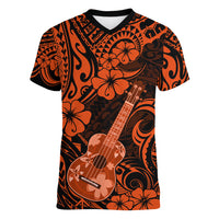 Hawaii Ukulele Women V Neck T Shirt Polynesian Pattern Orange Version - Wonder Print Shop