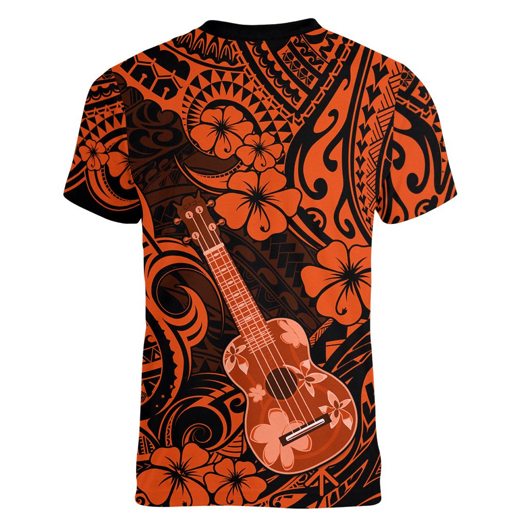 Hawaii Ukulele Women V Neck T Shirt Polynesian Pattern Orange Version - Wonder Print Shop