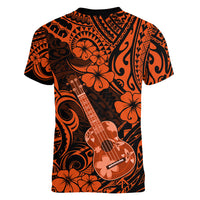 Hawaii Ukulele Women V Neck T Shirt Polynesian Pattern Orange Version - Wonder Print Shop