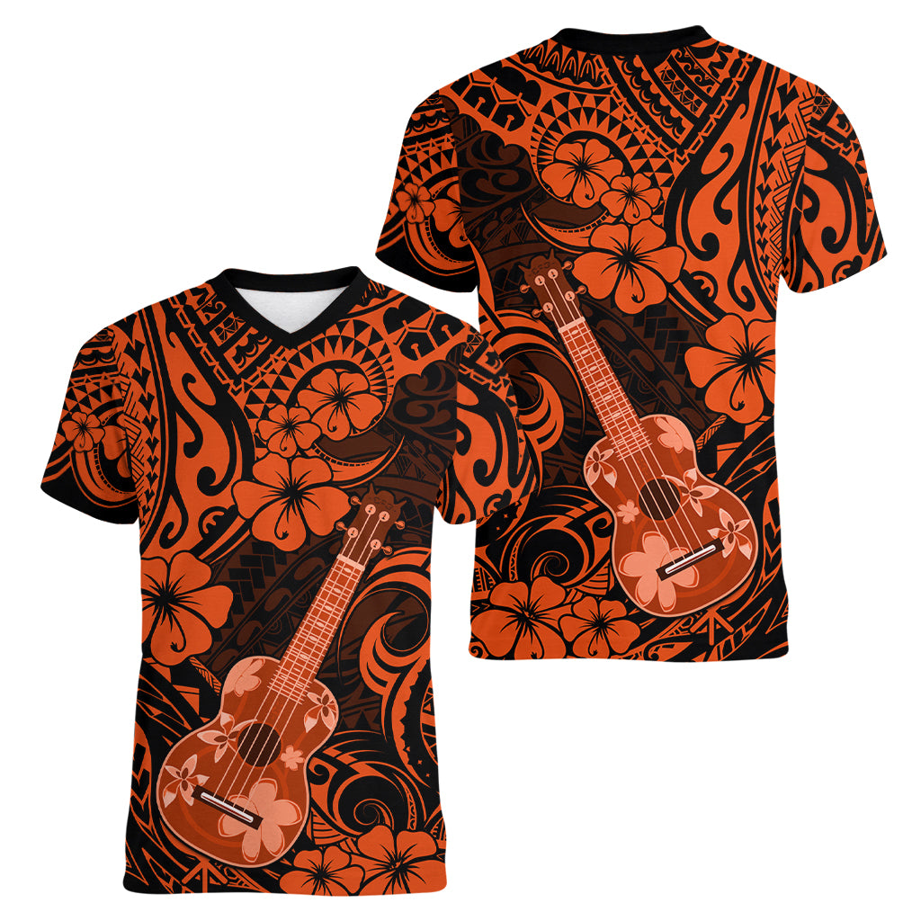 Hawaii Ukulele Women V Neck T Shirt Polynesian Pattern Orange Version - Wonder Print Shop