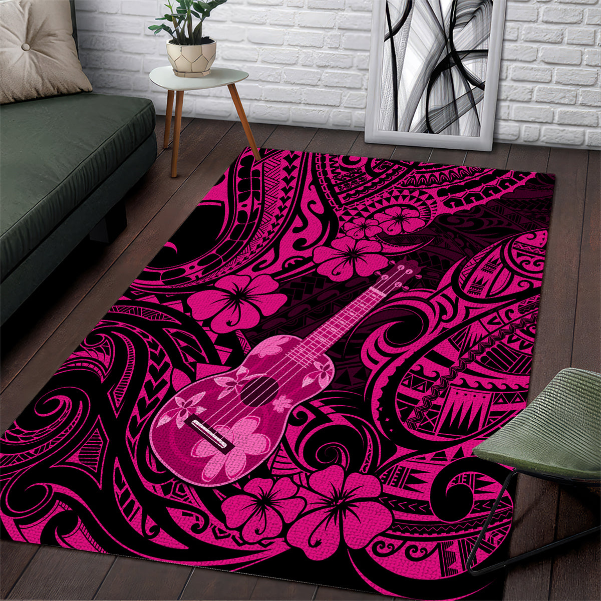 Hawaii Ukulele Area Rug Polynesian Pattern Pink Version - Wonder Print Shop