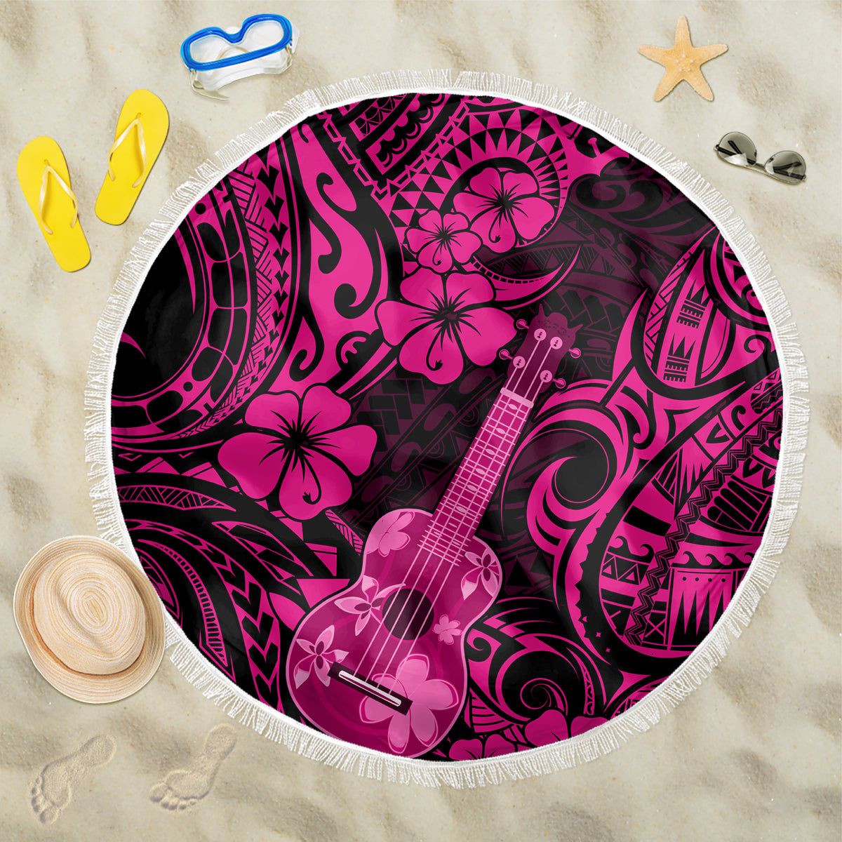 Hawaii Ukulele Beach Blanket Polynesian Pattern Pink Version - Wonder Print Shop