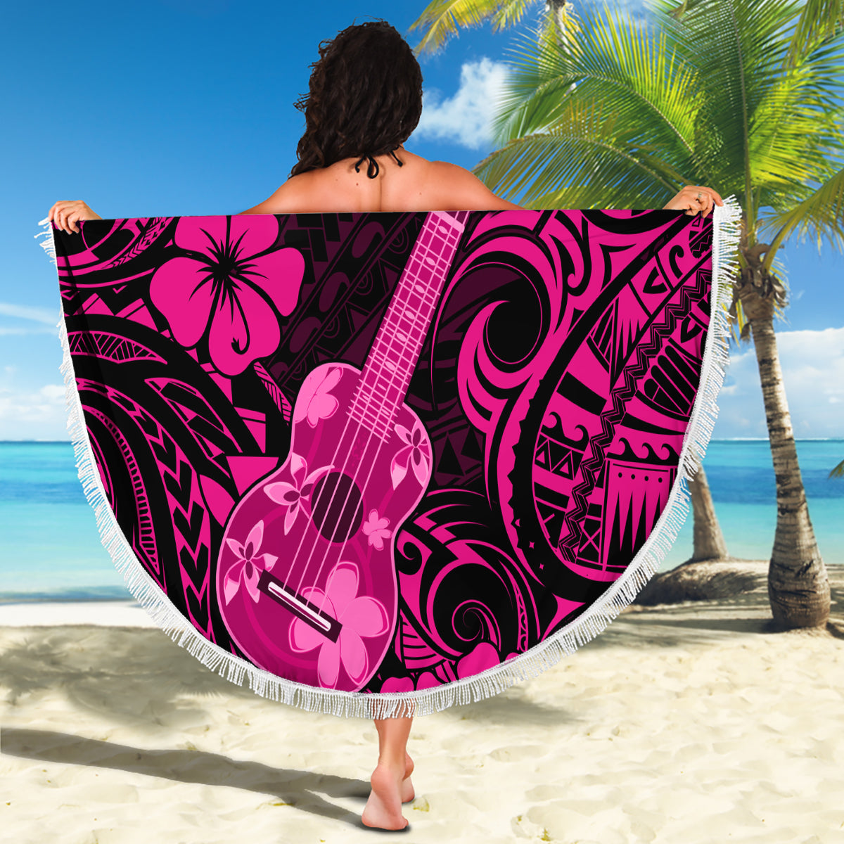 Hawaii Ukulele Beach Blanket Polynesian Pattern Pink Version - Wonder Print Shop