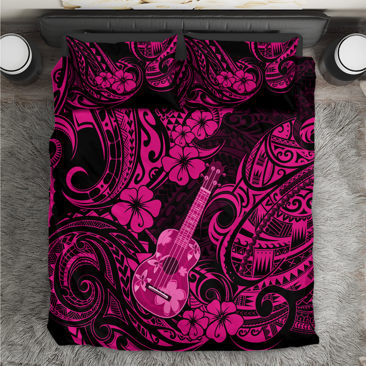 Hawaii Ukulele Bedding Set Polynesian Pattern Pink Version - Wonder Print Shop