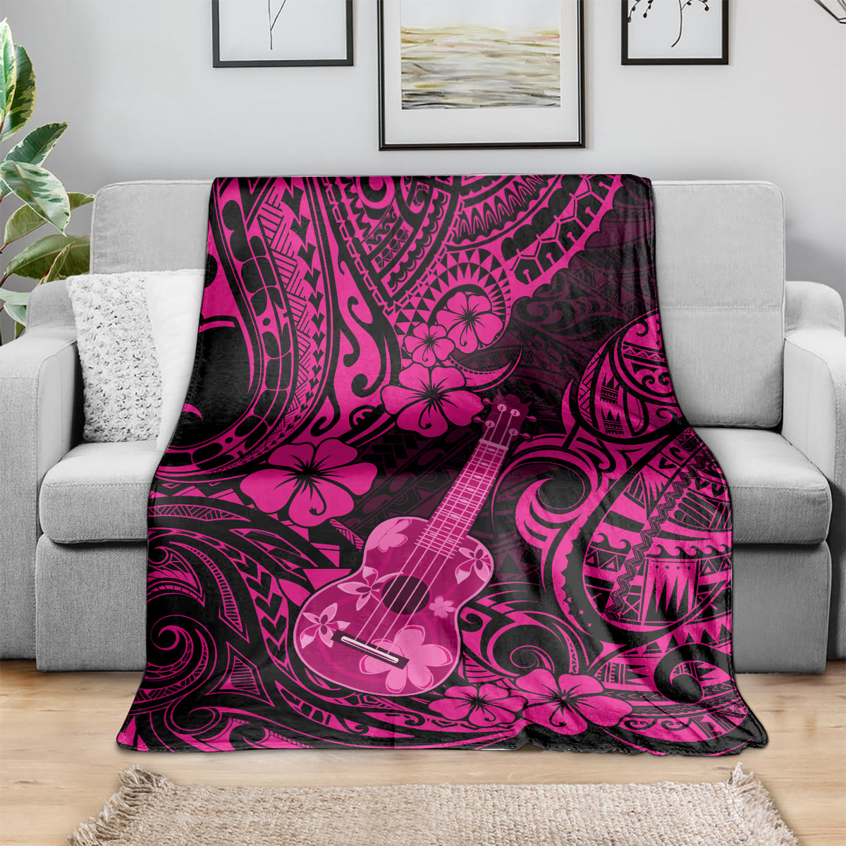 hawaii-ukulele-blanket-polynesian-pattern-pink-version