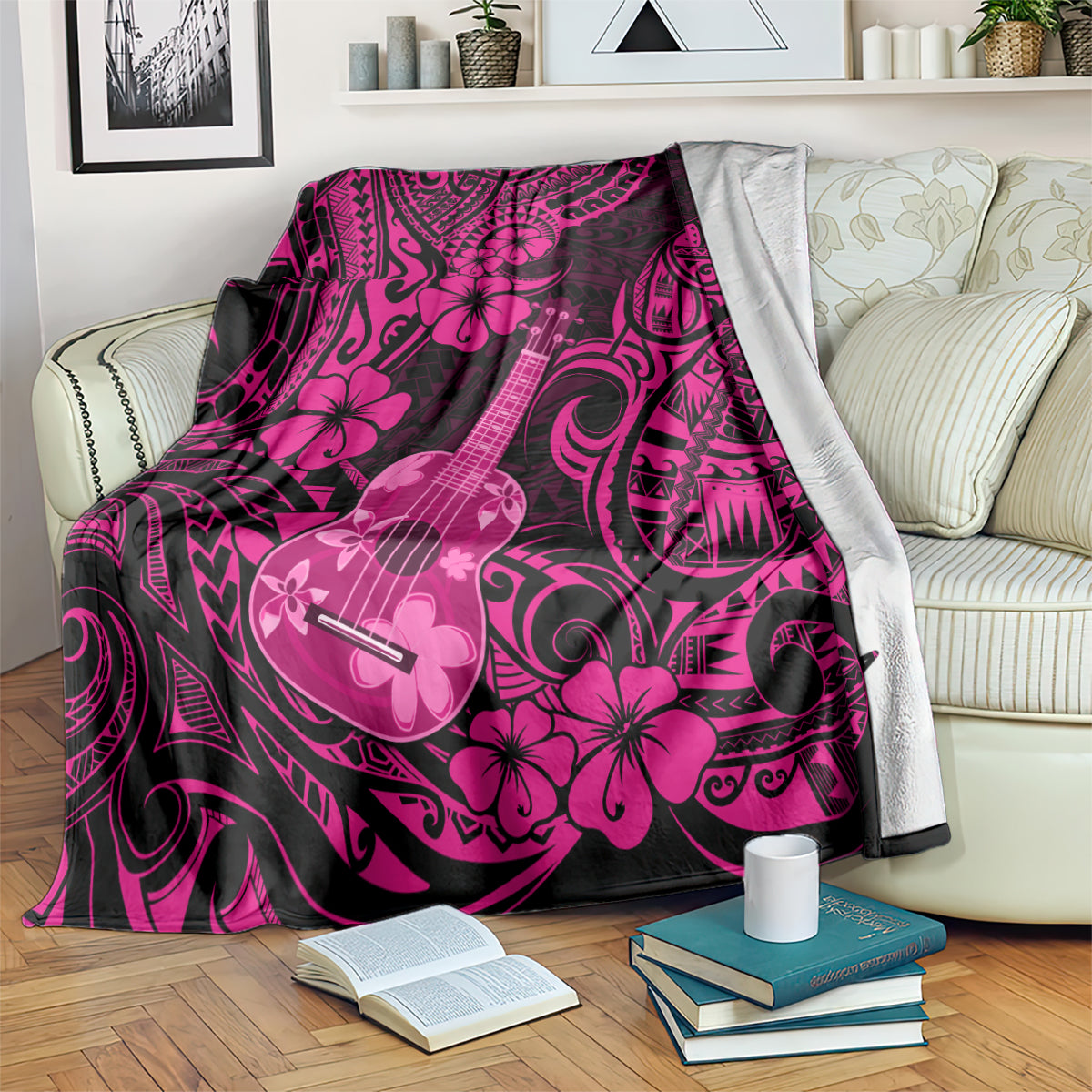 hawaii-ukulele-blanket-polynesian-pattern-pink-version
