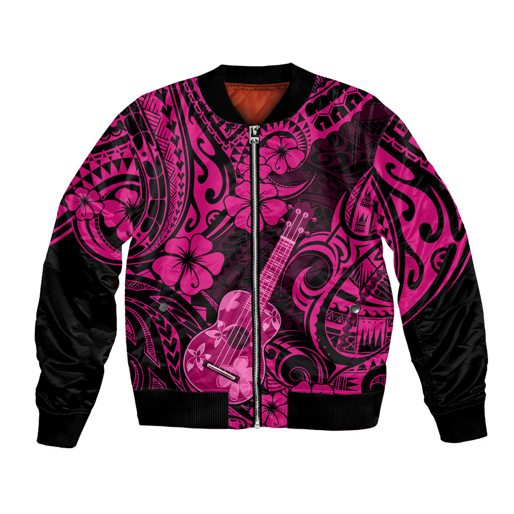 Hawaii Ukulele Bomber Jacket Polynesian Pattern Pink Version - Wonder Print Shop