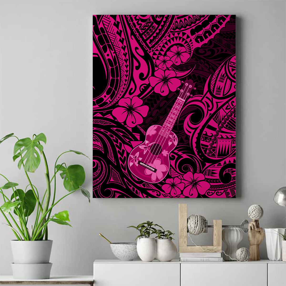 Hawaii Ukulele Canvas Wall Art Polynesian Pattern Pink Version - Wonder Print Shop
