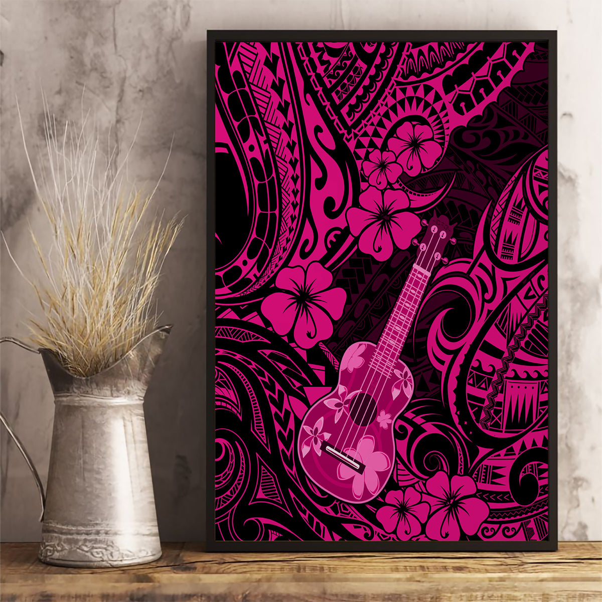 Hawaii Ukulele Canvas Wall Art Polynesian Pattern Pink Version - Wonder Print Shop