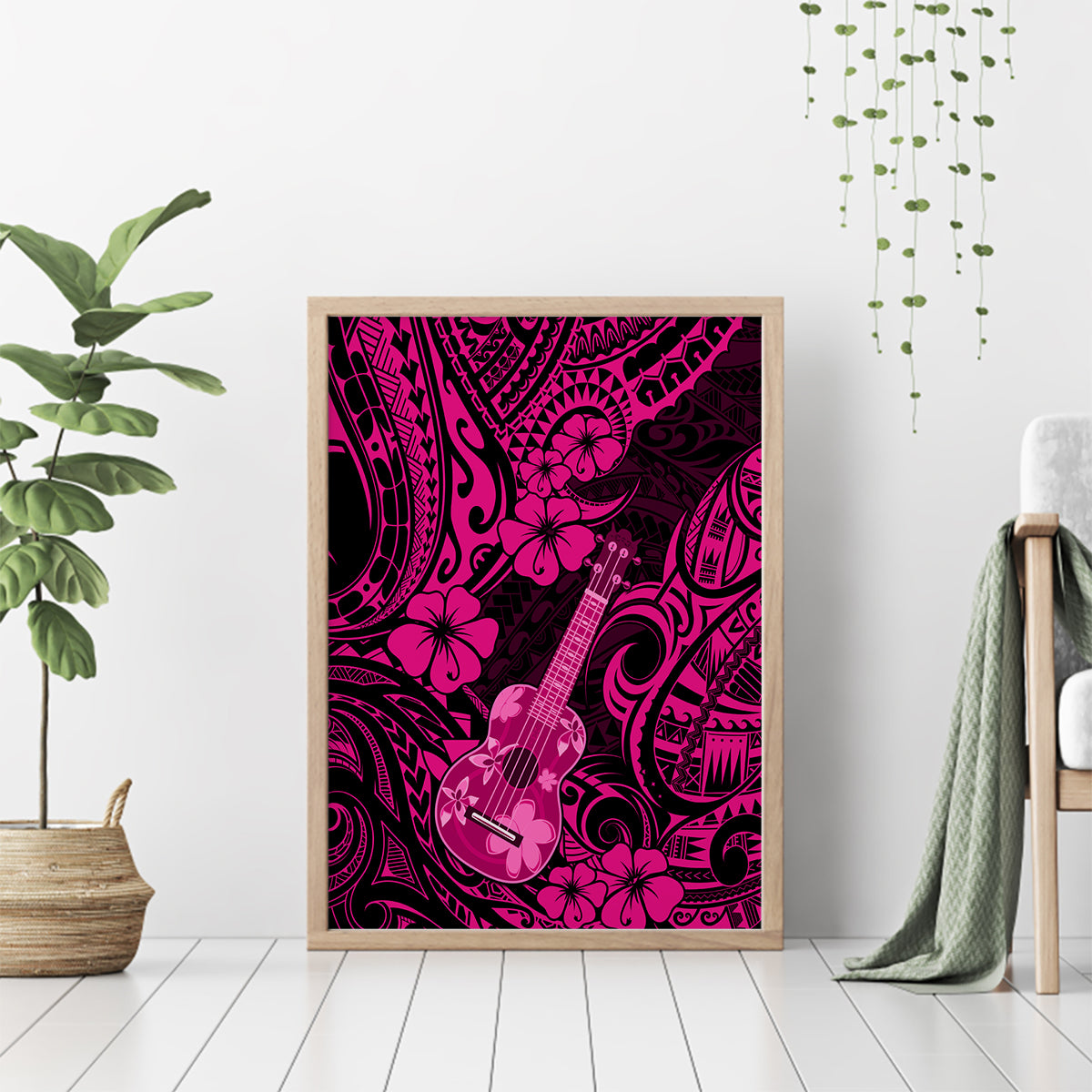 Hawaii Ukulele Canvas Wall Art Polynesian Pattern Pink Version - Wonder Print Shop